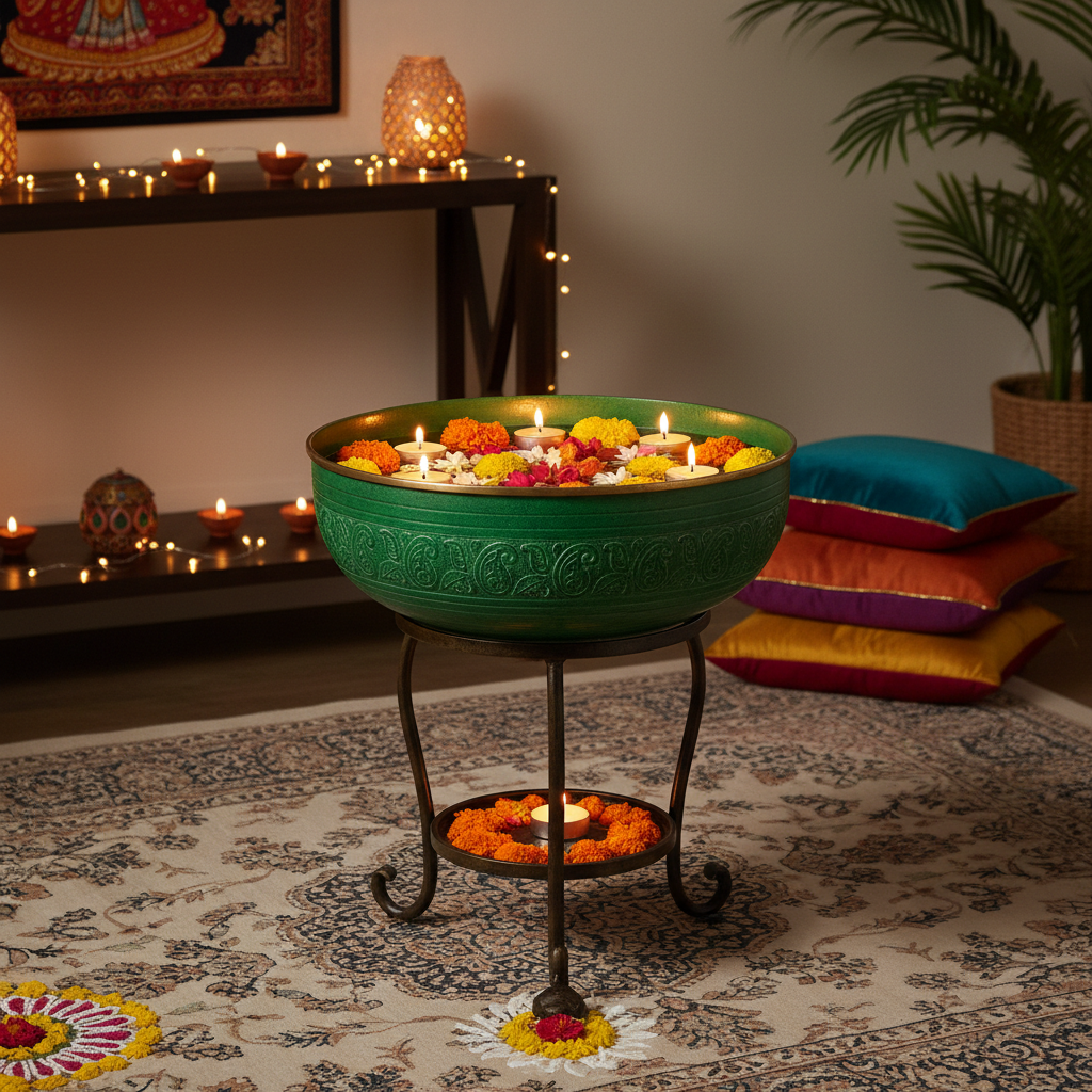 Add elegance and traditional charm to your space with this green urli bowl with stand, perfect for home décor and table decoration. Designed for festive and everyday use, this decorative water bowl is ideal for floating flowers and tealight candles, creating a calm and welcoming ambiance.

Perfect for Diwali pooja, festivals, weddings, housewarming, and special occasions, this urli enhances living rooms, entrances, balconies, and pooja areas. The sturdy stand provides stable placement, while the vibrant gre