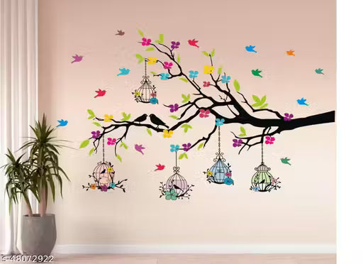 Heaven Decors Medium Tree Branch Wall Sticker with Birdcage & Flowers | Multicolour Decorative Wall Decal for Home & Living Room (100 x 60 cm)