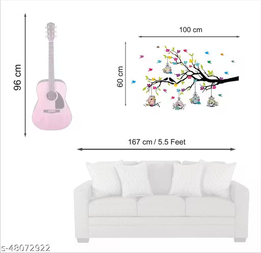 Heaven Decors Medium Tree Branch Wall Sticker with Birdcage & Flowers | Multicolour Decorative Wall Decal for Home & Living Room (100 x 60 cm)