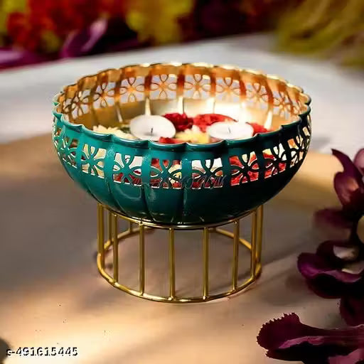 Green Urli Bowl with Stand | Decorative Water Bowl for Floating Flowers & Tealight Candles