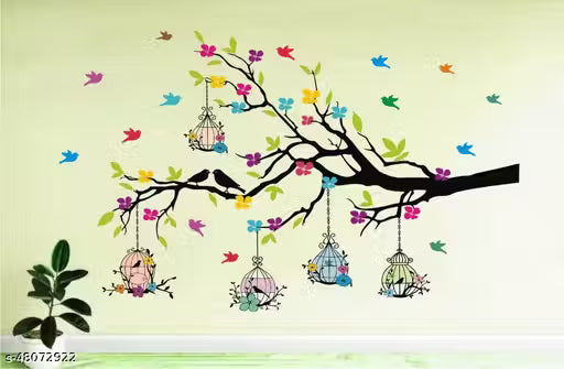 Heaven Decors Medium Tree Branch Wall Sticker with Birdcage & Flowers | Multicolour Decorative Wall Decal for Home & Living Room (100 x 60 cm)
