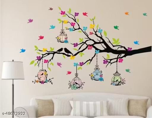 Heaven Decors Medium Tree Branch Wall Sticker with Birdcage & Flowers | Multicolour Decorative Wall Decal for Home & Living Room (100 x 60 cm)
