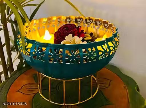 Green Urli Bowl with Stand | Decorative Water Bowl for Floating Flowers & Tealight Candles